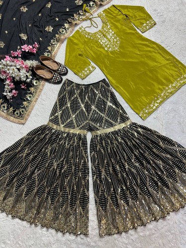 Top in seta chinnon ultimo design Sharara con dupatta per matrimonio e ricevimento - Foto 3 di 13