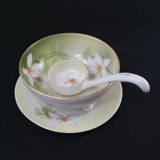 RS Germany Tillowitz Silesia Porcelain Footed Bowl Plate With Spoon Clematis
