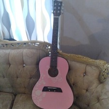 First Act  Pink Acoustic Guitar With White Roses Design 6 Strings, New Strings