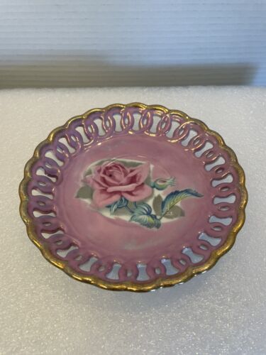 Vintage Japan Lusterware Rose Tea Saucer & Snack Dessert Plate Pierced Gold Edge - Picture 8 of 11