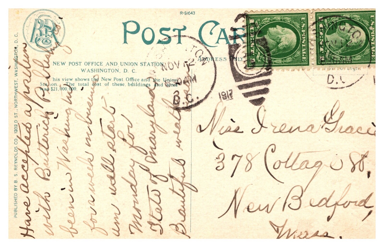 Washington, D.C. New Post Office & Union Station Postcard Posted 1917