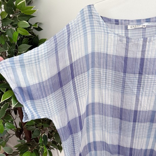 Masai Womens Top Blouse Size XL Short Sleeve Blue Check Pattern 100% Cotton - Picture 4 of 7