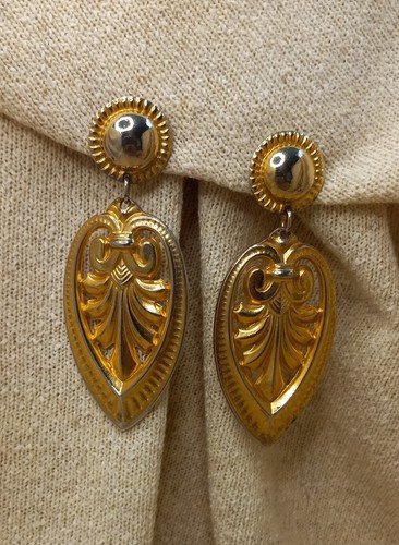 Vintage Clip Ons Big Statement Earrings Gold-Tone Dangle Pendants Pre Owned 80s - Picture 2 of 7