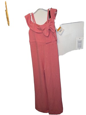 Rare Editions Size Girls Cold-Shoulder Bow Jumpsuit Coral