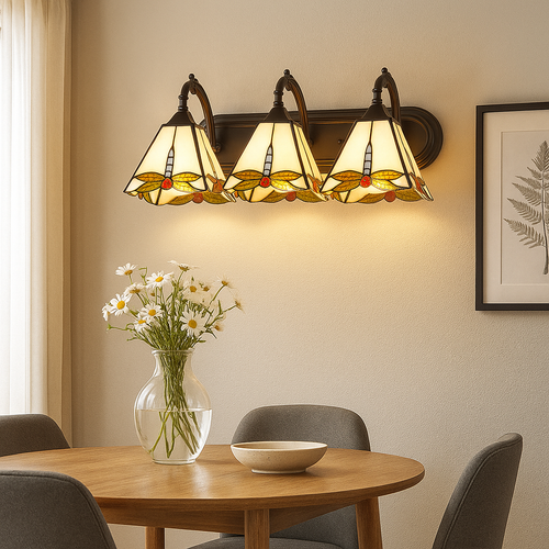 Tiffany Style 3-Light Dragonfly Wall Sconce Stained Glass E26 Fixture - Picture 12 of 13