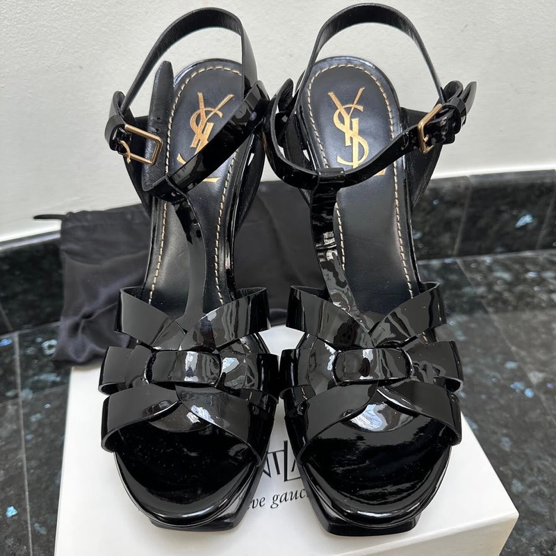 YVES SAINT LAURENT BLACK PATENT LEATHER TRIBUTE 105M PLATFORM SANDALS SZ 39 NIB
