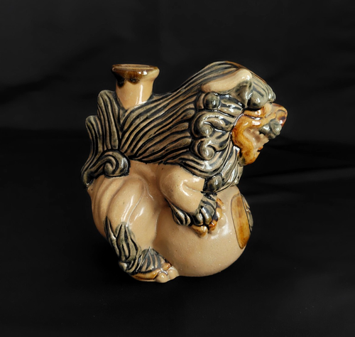 Misato ware Sake jar, Shisas Okinawan guardian lion, ceramic figurine vase, H6.5 - 第 3/16 張圖片