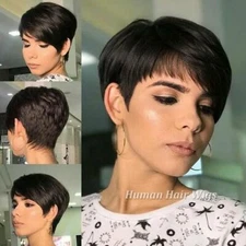 Brazilian Human Hair Short Pixie Cut Wigs With Bangs High-quality Remy Party US
