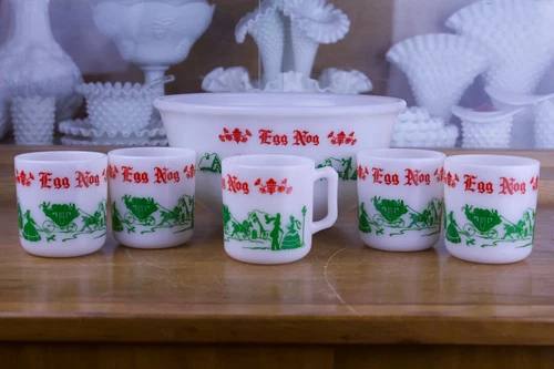 Hazel Atlas Christmas Eggnog Milk Glass Holiday Punch Bowl with 5 mugs
