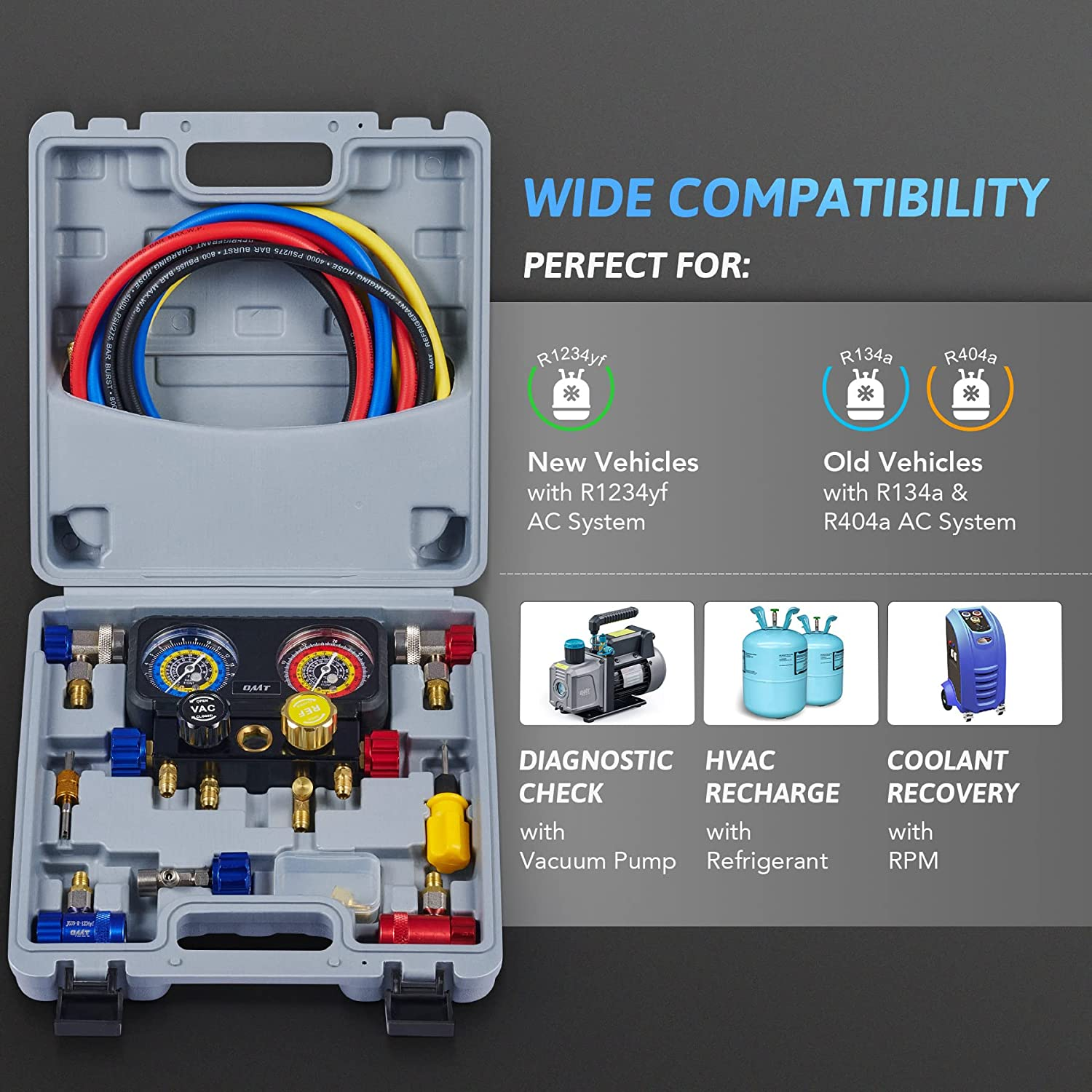 OMT R1234Yf AC Manifold Gauge Set, 4 Way AC Gauges with Hoses R1234Yf