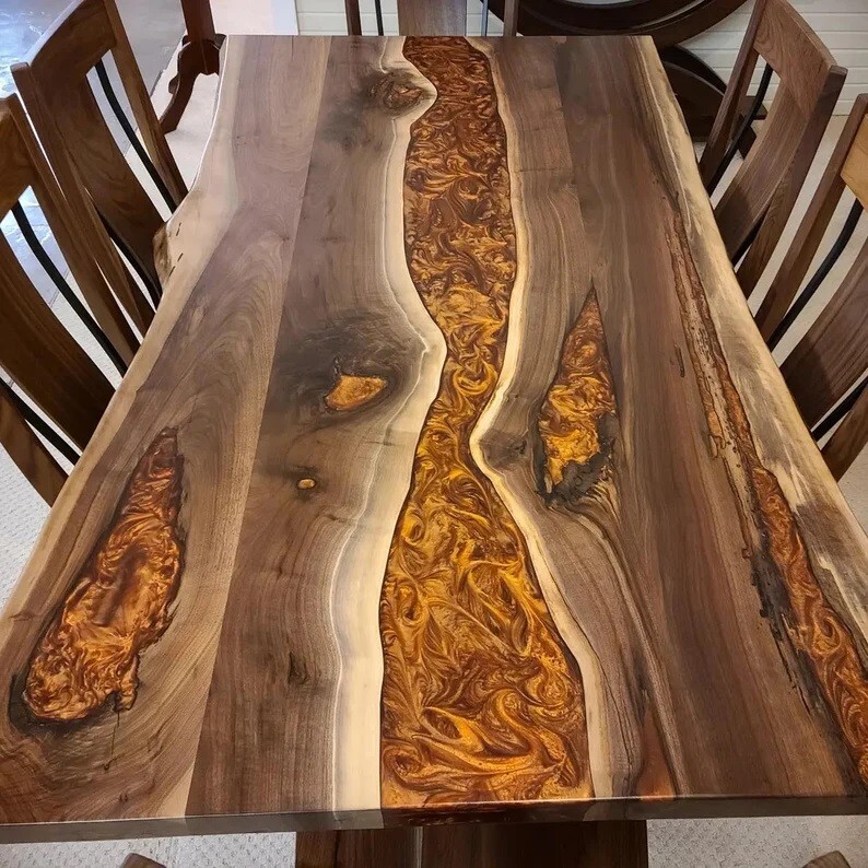 Wine Color Epoxy River Table Top, Epoxy Dining Table, Walnut Wood Epoxy Table