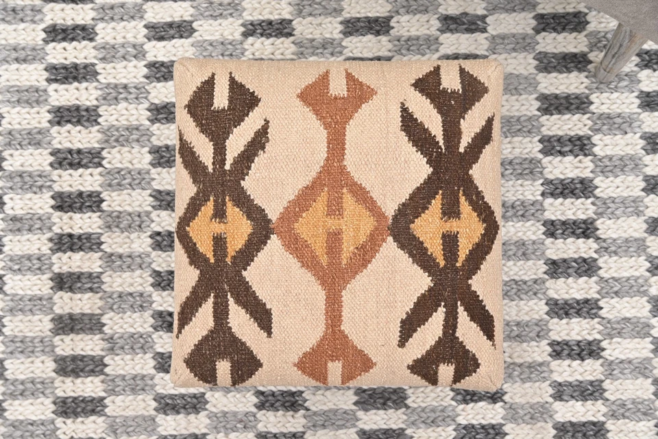 Handcrafted Acacia Wood Stool | Decorative Kilim Upholstered Pouf Footstool - Image 4 of 4