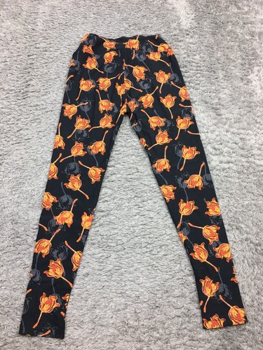 Lularoe Leggings One Size Womens Black With Orange Flowers - Picture 10 of 12