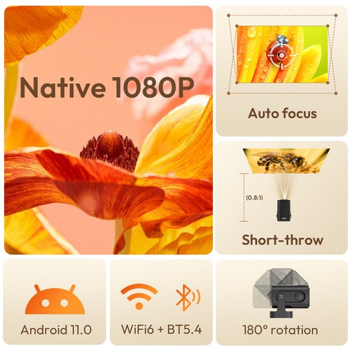 Native 1080P 5G WiFi 300ANSI Android 11 Projector Cinema 180° 4K HD Home Theater - Picture 4 of 15