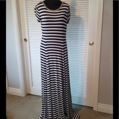 Michael Kors Blue White Striped, Maxi T-Shirt Dress, stretch, Gold