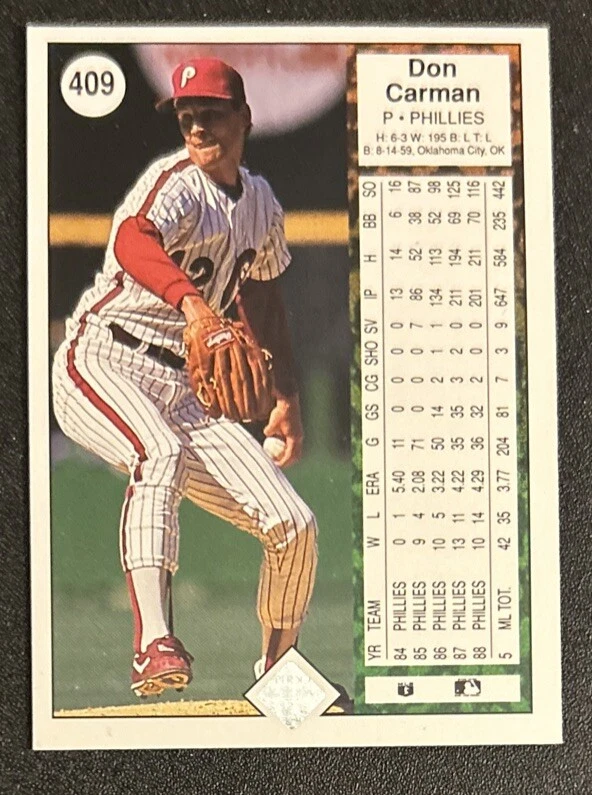 1989 Upper Deck Don Carman Baseball Card #409 Phillies Pitcher VGEX O/C - Image 2 of 2