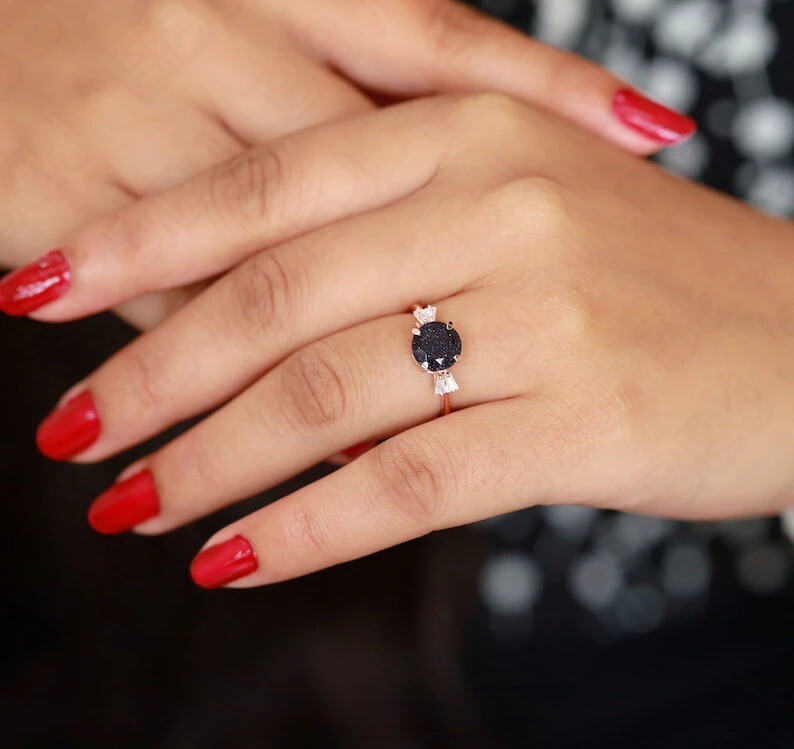 Blue Sandstone Round Cut Dainty Sterling Silver Engagement Ring for Women  -image