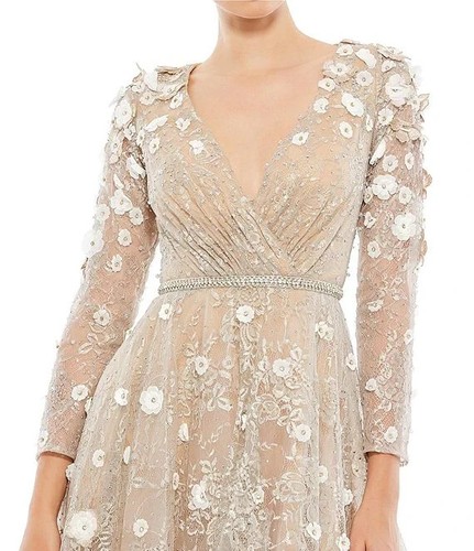 Mac Duggal Beige Blush Beaded Floral V-Neck Fit and Flare Midi Dress Sz 2 $598 - Picture 3 of 4