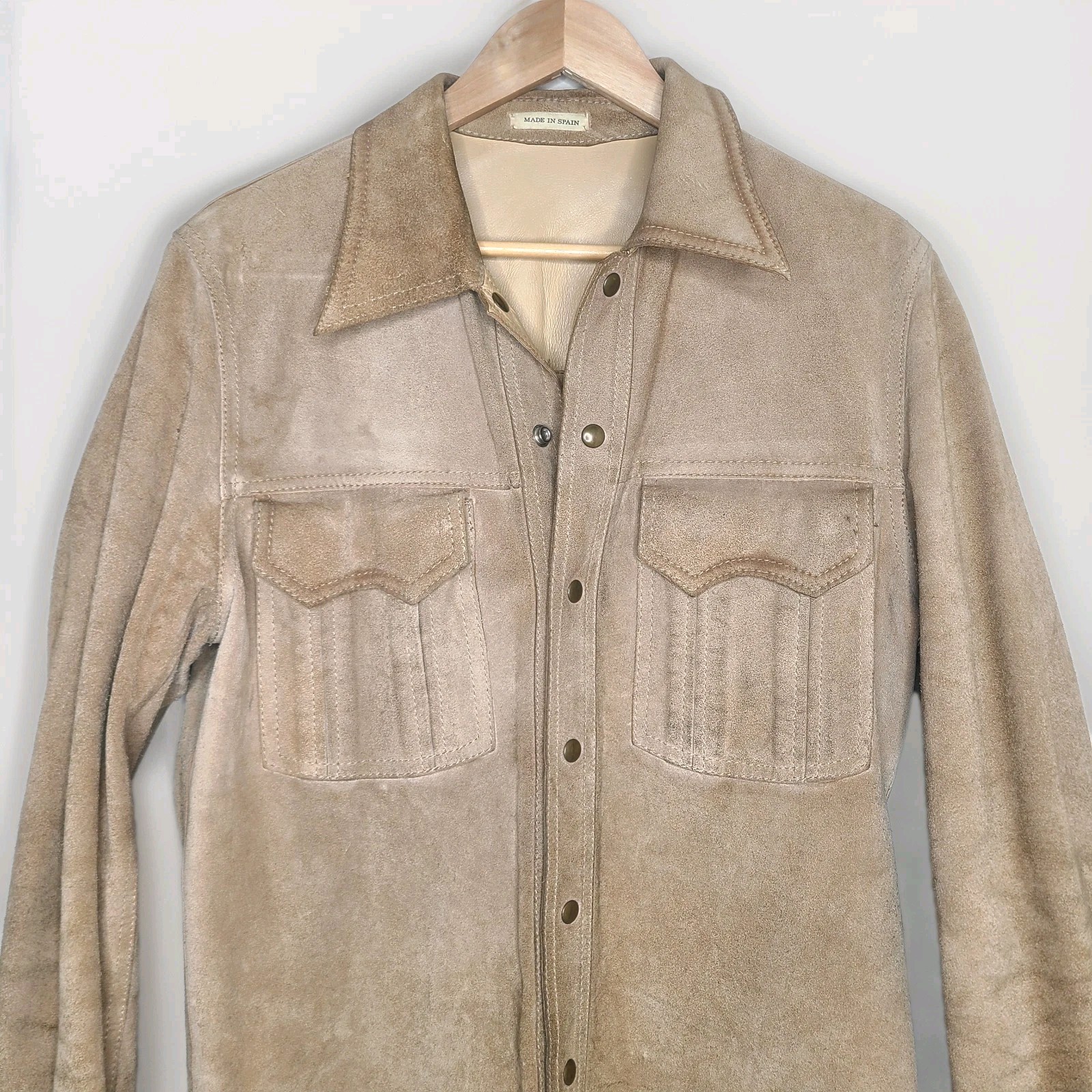 Vintage Split Suede Leather Light Tan Trucker Shirt Jacket Western Made In Italy image 6