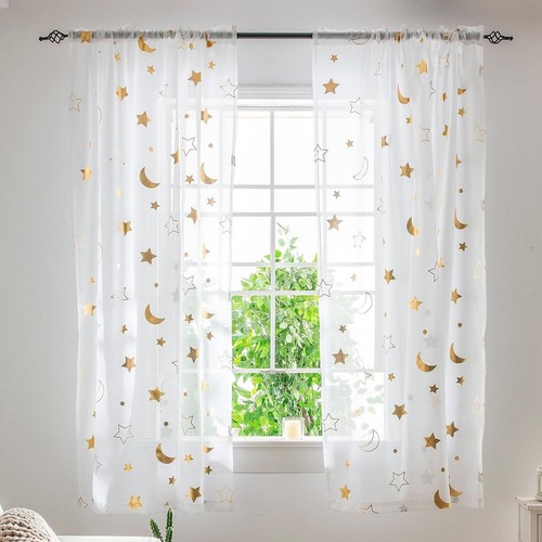2 Paneles Estrella Luna Tul Transparente Encaje Cortina Ventana Dormitorio Salón - Imagen 7 de 14
