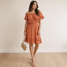 Kori America Orange Ditsy Floral Smocked Off The Shoulder Mini Dress Size Small