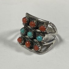 Vintage Navajo Turquoise Coral Snake Eye Square Ring Band Sz 5.5