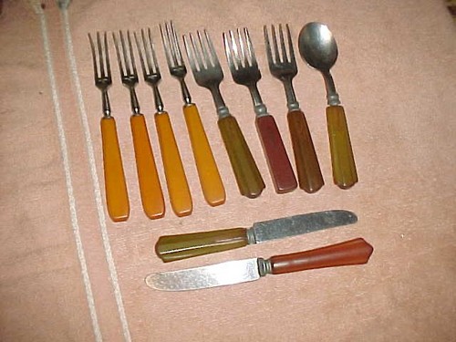 lot of 10 BAKELITE CHILDS FLATWARE and 3-tine BAKELITE FORKS