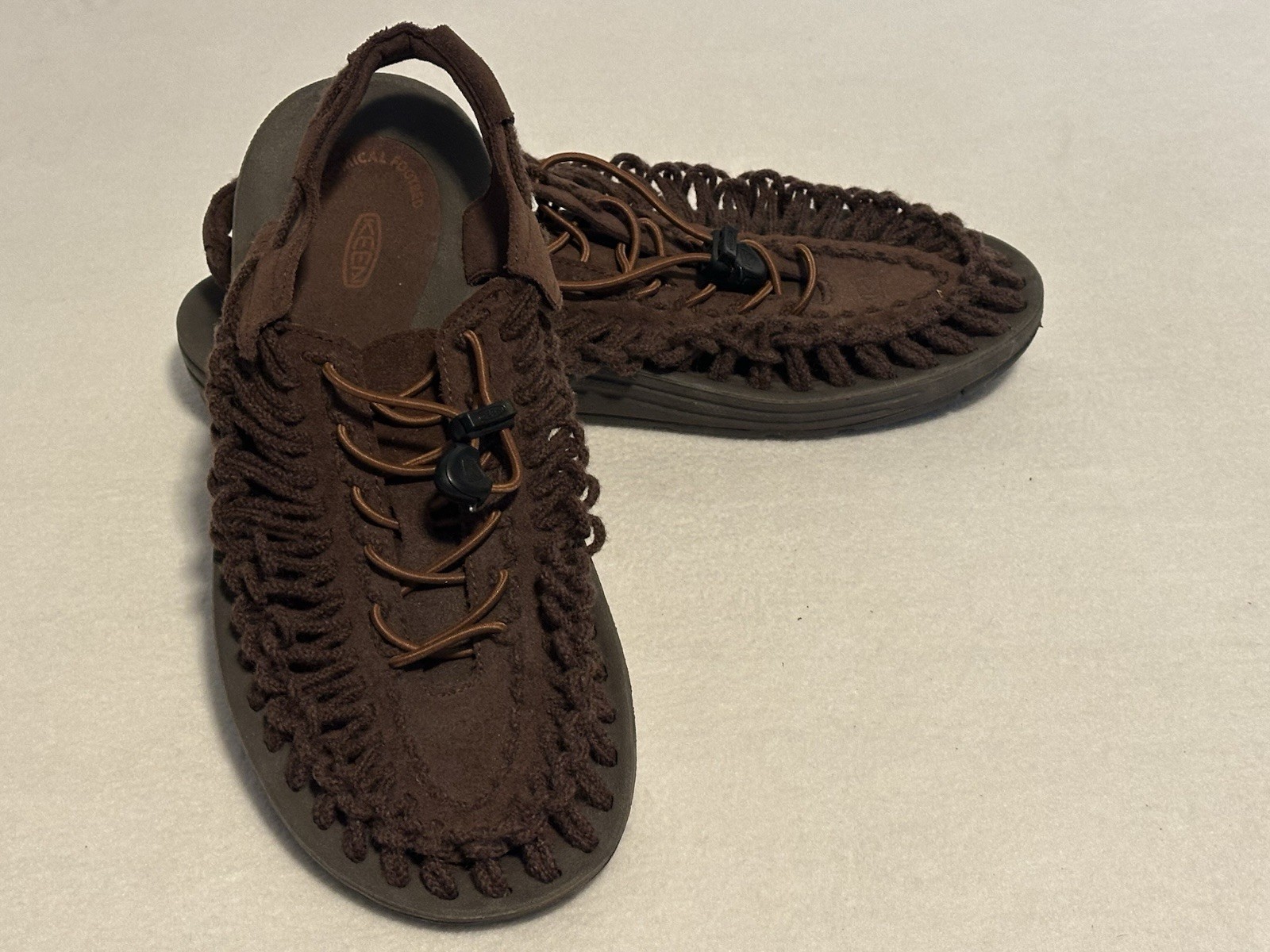 Sandali Keen Uneek tessuto slingback donna tg.11 US 42 EU pelle marrone elasticizzati