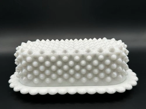 Fenton Hobnail Milk Glass Covered Butter Dish With Scalloped Edge Vintage