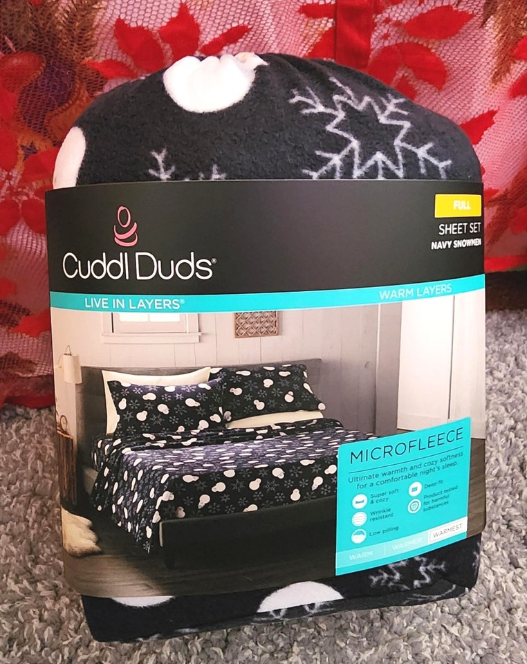 Cuddl Duds MicroFleece Sheet Set NAVY SNOWMEN & SNOWFLAKES Plush Soft