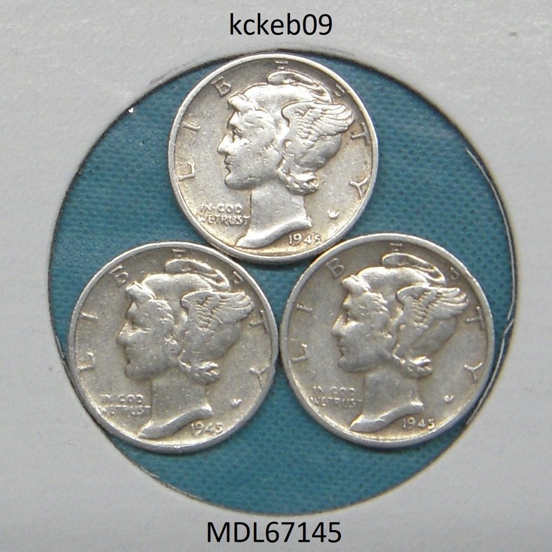 Mercury dime lot of 3, 1945-D, 1945-P, 1945-S.  90% silver coins