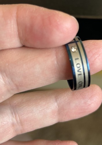Blue/Gray Wedding Band Engraved with "Love Only You"