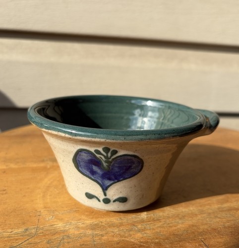 Vintage Great Bay Pottery Heart Green Handled Stoneware Dip Snack Dish 5"
