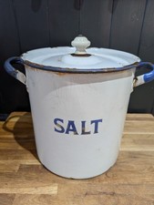 Antike Emaille Ware Salzkeller Dose, weiß & blau, rustikale Kitchenalia, edwardianisch