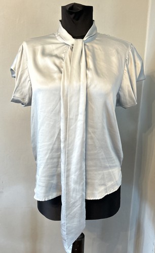 Zara Tie Neck Blouse Short Sleeve Size S Blue Satin