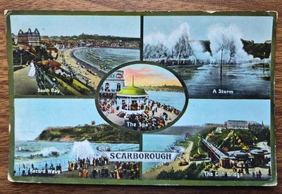 1911 Scarborough Mehransicht Postkarte. The Spa, Record Wave, Storm, Cliff Bridge