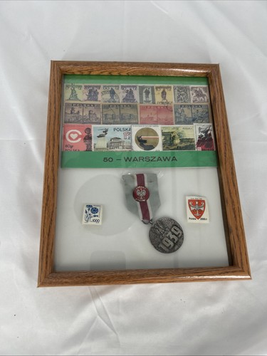 Vintage Polish Medal for Warsaw 1939-1945 Framed Shadowbox Display & Stamp Sheet