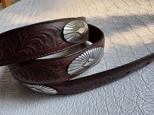 VTG Concho Belt Men 40 Brown Tooled Leather Silver Buckle Western Oval Conchos - Picture 14 of 14