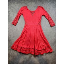 Free People Lace Dress Womens Sz XS Red Fit Flare Cotton 3/4 Sleeve Boho