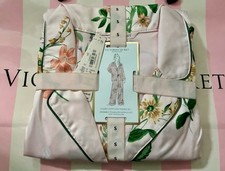 NEW Victoria  s Secret Satin Long Pajama Set Top  Pants Pink Botanical Small