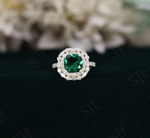 Cushion Lab Created Emerald 925 Silver 14K Rose Gold Plated Engagement Ring - Picture 9 of 11