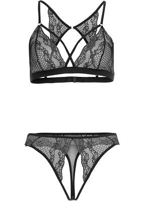 2-tlg Triangel-BH String ouvert Gr. 40/42 Schwarz Damen-Unterwäsche Bra Slip Neu