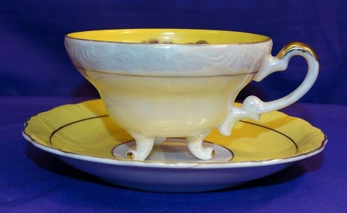 VINTAGE KASUGA WARE CHINA CUP SAUCER SET YELLOW & PEARLESCENT LARGE PINK POPPY - Picture 3 of 7