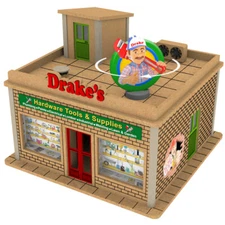 O Gauge Drake's Hardware Shop w/Motorized Rotating Banner and Lighting 