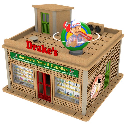 O Gauge Drake's Hardware Shop w/Motorized Rotating Banner and Lighting  - 第 1/9 張圖片