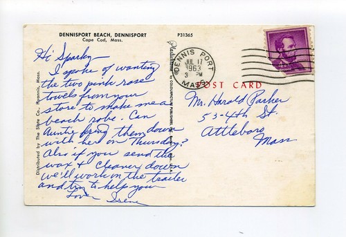 Cape Cod MA Mass 1963 Postkarte, Dennis Port Beach, People, Make me a beach robe - Bild 2 von 2