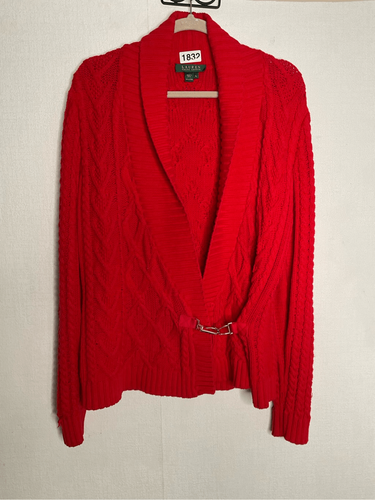 Lauren Ralph Lauren Cable Sweater Womens XL Red Cardigan Bit Buckle Shawl Collar - Picture 8 of 9