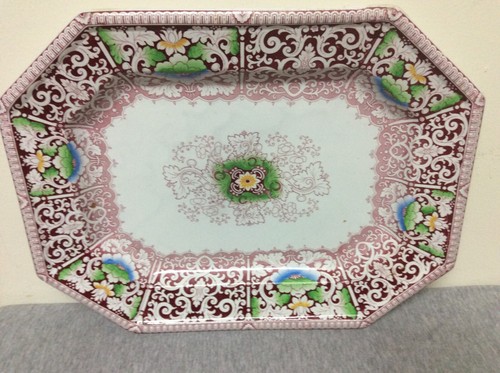 Plato grande de piedra de hierro antiguo Zamara rojo transferware Frances Morley