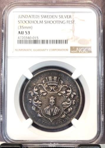 UNDATED SWEDEN SILVER STOCKHOLM SHOOTING FESTIVAL MEDAL NGC AU 55 TOP POP 1