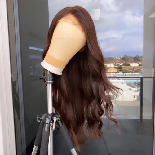 Layered Dark brown Long Wavy HD T Lace Front Wig Heat Resistant Synthetic Hair - Picture 3 of 8